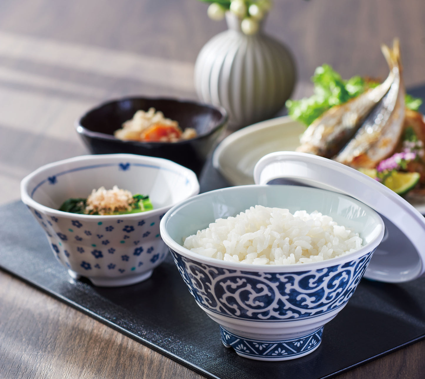 3301-0004 メラミン食器 高台多用碗・小 たこ唐草 内空色 目安:白飯100g (身 ∅11×6.3H・260ml 蓋 ∅11×2.5H)
